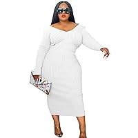 Ekaliy Women's Casual Off Shoulder Long Sleeves Bodycon Knit Bodycon Sweater Plus Size Dress Long Maxi Pencil Dress