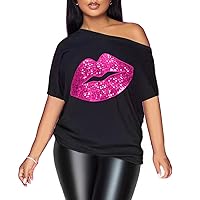 PESION Womens Off The Shoulder Tops Sexy Shiny Shirts Short Sleeves Funny Graphic T-Shirt Blouses