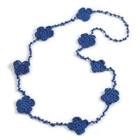 Handmade Blue Floral Crochet Glass Bead Long Necklace/Lightweight - 100cm Long