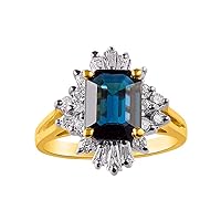 Sparkling Round & Baguette Diamonds and Gorgeous Emerald Cut Blue Sapphire Set in this Classic Design Ring in 14K Yellow Gold.