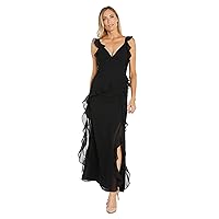R&M Richards Long Plunge V-Neck Ruffled Evening Gown