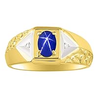 Men's Yellow Gold Plated Silver Classic Designer Ring - 7X5MM Oval Gemstone & Sparkling Diamond - Birthstone Rings for Men - Available in Sizes 8 to 14