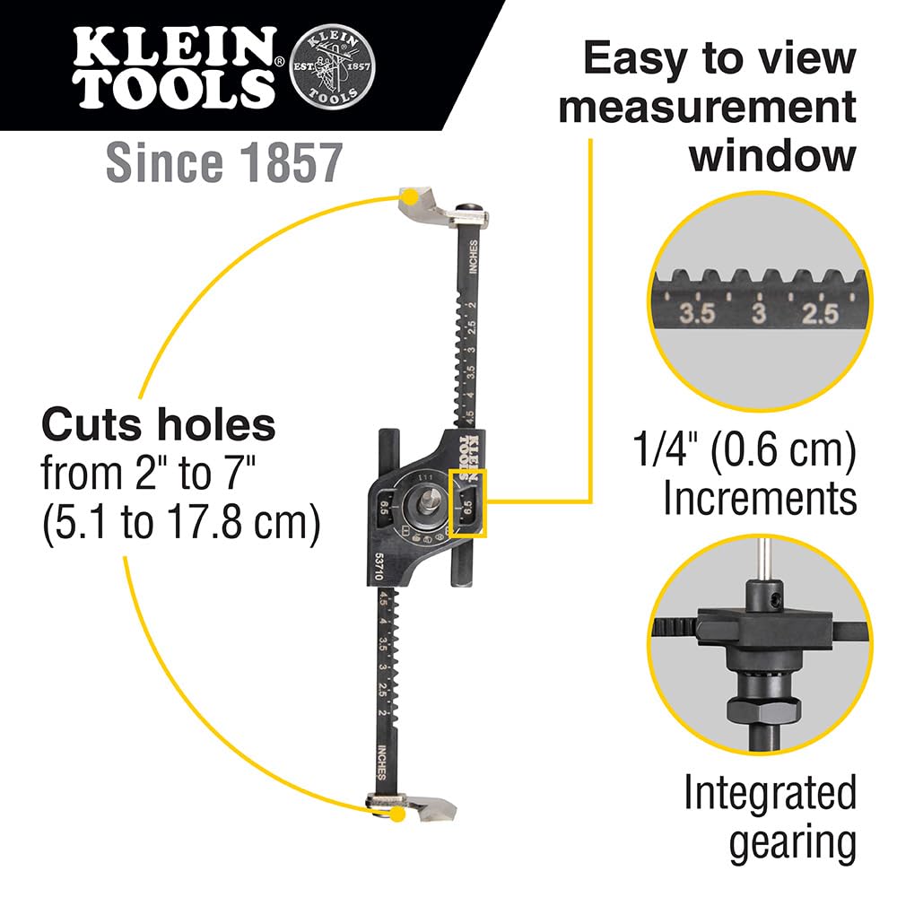 Klein Tools 53710 Hole Saw, Adjustable Circle Hole Cutter with Dustbowl, Integrated Vacuum Port, for Drywall and Ceiling Tiles, 2 to 7-Inch