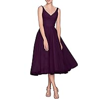 Lorderqueen Women's Double V Neck Tea Length Bridesmaid Dress Tulle Evening Formal Dresses