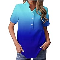 Women Gradient Dressy Casual Tops Summer Stand Collar Button Short Sleeve Pullover T-Shirts Fashion Casual Tees