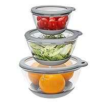 MR.CHOU Glass Mixing Bowl Set of 3 with BPA Free Airtight Lids, Nesting Bowls with Non-slip Silicone Bottom, Large Mixing Bowls for Food Storage, Dishwasher & Microwave Safe, 2.2, 1.1, 0.5 QT Gray