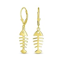 Nautical Vacation Ocean Sea Lever back Drop Dangle Skeleton Fishbone Fish Earrings For Women Teen 14K Gold Plated .925 Sterling Silver