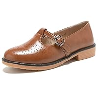 TRULAND Women's Leather Mary Jane Oxfords Shoes - Slip On T-Strap Loafers Casual Closed Toe Dressy Flats Shoes for Office Work