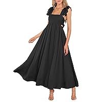 MITILLY Women's Summer Flutter Sleeve Square Neck Tie Back Casual Pleated A-Line Flowy Maxi Dress with Pockets