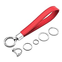 MECHCOS Car Key Fob Keychain Holder Genuine Leather Wristlet Loop Key Chain Circle Carabiner Clip for Men and Women with Anti-lost D Ring, Screwdriver, 4 Key Rings, 360 Degree Rotatable, Red