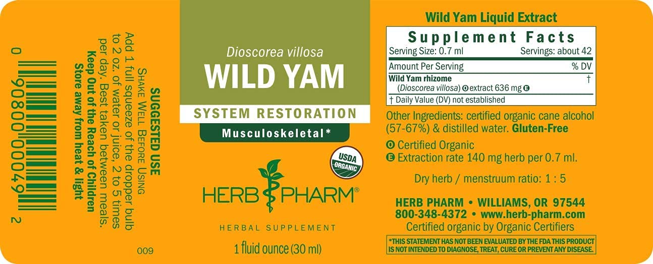 Herb Pharm Certified Organic Wild Yam Liquid Extract for Musculoskeletal System Support - 1 Ounce