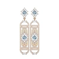 4MM Square Aquamarine Gemstone 925 Sterling Silver Art Deco Style Cylindrical Long Drop Dangle Earrings For Women