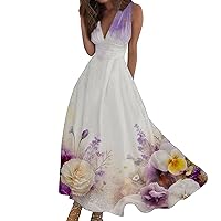 Women's Long Dresses 2024 Sleeveless V Neck Print Boho Dresses Spring Summer Floral Casual Sun Dresses
