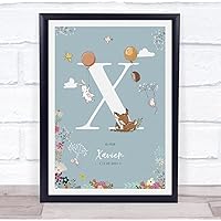 The Card Zoo New Baby Birth Details Christening Nursery Woodland Animals Initial X Gift Print