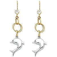 14K Two Tone Hollow Hanging Dolphin push back Earrings - Avg. Weight - 5.6 grams