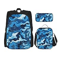 3 Pcs Blue Camouflage Pattern Print Backpack Sets Casual Daypack with Lunch Box Pencil Case for Women Men
