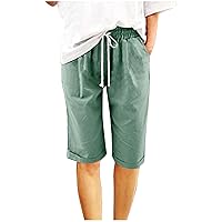 Linen Cotton Shorts for Women Loose Fit Knee Length Bermuda Shorts Elastic Waist Plus Size Drawstring Casual Shorts