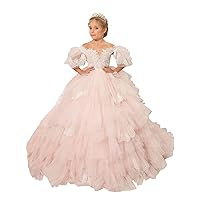 Girl's Off Shoulder Tulle Pink Princess Kids Wedding Prom Dress Lace Applique Pageant Prom Dress