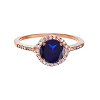Sterling Silver Rose 7mm Round Created Blue Sapphire & Created White Sapphire Halo Ring