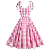 Women Vintage 1950s Pink Gingham Dress Spaghetti Straps Pinup Dresses 50s Costume Cosplay Party Halloween Rockabilly Dress