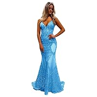Maxianever Plus Size Lace Bodycon Sequin Mermaid Prom Dresses Long Sparkly Spaghetti Straps Formal Evening Gowns Backless Blue US20 Plus