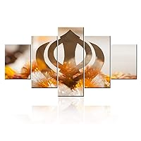 Religion Symbol Paintings Sikhism Sign Pictures 5 Panels Printed on Canvas Contemporary Wall Art Giclee Living Room House Decorations Yellow Artwork Framed Stretched Ready to Hang(60''W x 32''H)