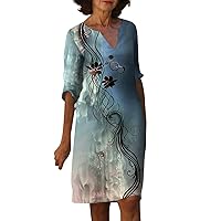 Women's Elegant Dress Gradient/Floral Print V Neck Half Sleeve Loose Comfy Dress Summer Casual Beach Vacation Dress
