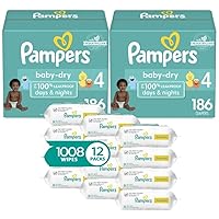 Pampers Baby Dry Disposable Baby Diapers Size 4, 2 Month Supply (2 x 186 Count) with Sensitive Water Based Baby Wipes 12X Multi Pack Pop-Top and Refill (1008 Count)
