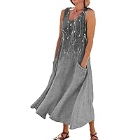 Summer Dress for Women 2024 Plus Size Casual Sundress with Pockets Cotton Linen Crew Neck Sleeveless Flowy Beach Dress
