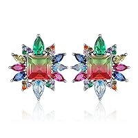 JewelryPalace Iridescent 7.4ct Princess Simulated Watermelon Tourmaline Emerald Stud Earrings for Women, Multicolor Gemstone Created Sapphire Ruby Spinel Earrings, 925 Sterling Silver Jewellery Set