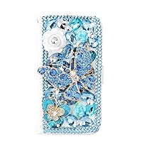 Crystal Wallet Case Compatible with iPhone 14 Plus - Rose Butterfly Flowers - Sky Blue - 3D Handmade Glitter Bling Leather Cover with Screen Protector & Neck Strip Lanyard