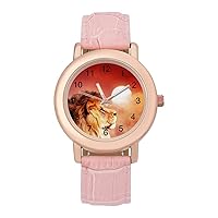 African Lion and Sunset in Africa Womens Watch Round Printed Dial Pink Leather Band Fashion Wrist Watches