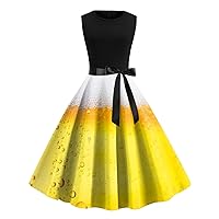 Women Vintage 1950s Retro Rockabilly Prom Dresses Oktoberfest Beer Print Bow Belted Sleeveless Swing Tank Dress