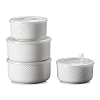 Ceramic Bowl with Lid : 5 & 6 in Porcelain Nestable Bowls Set of 4 - Food Storage Containers for Lunch, Picnic - Microwavable Serving Bowls with Lids (White)