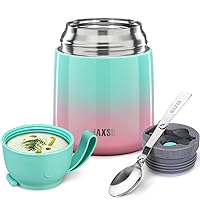 MAXSO Soup Thermo for Hot & Cold Food for Adults Kids, 17 oz Vacuum Insulated Steel Lunch Container Bento Box with Spoon, Leakproof Thermal Food Jar for School Office Travel - Pink Green