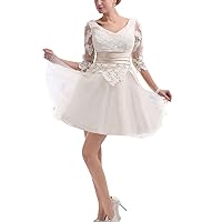 Women's A Line V Neck Ivory Lace Short Half Sleeve Party Prom Gown