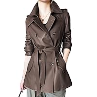 Chic Auburn Sheepskin Trench Coat – Genuine Leather - Business Fashion Game with Double-Breasted Luxury & Belted Style!