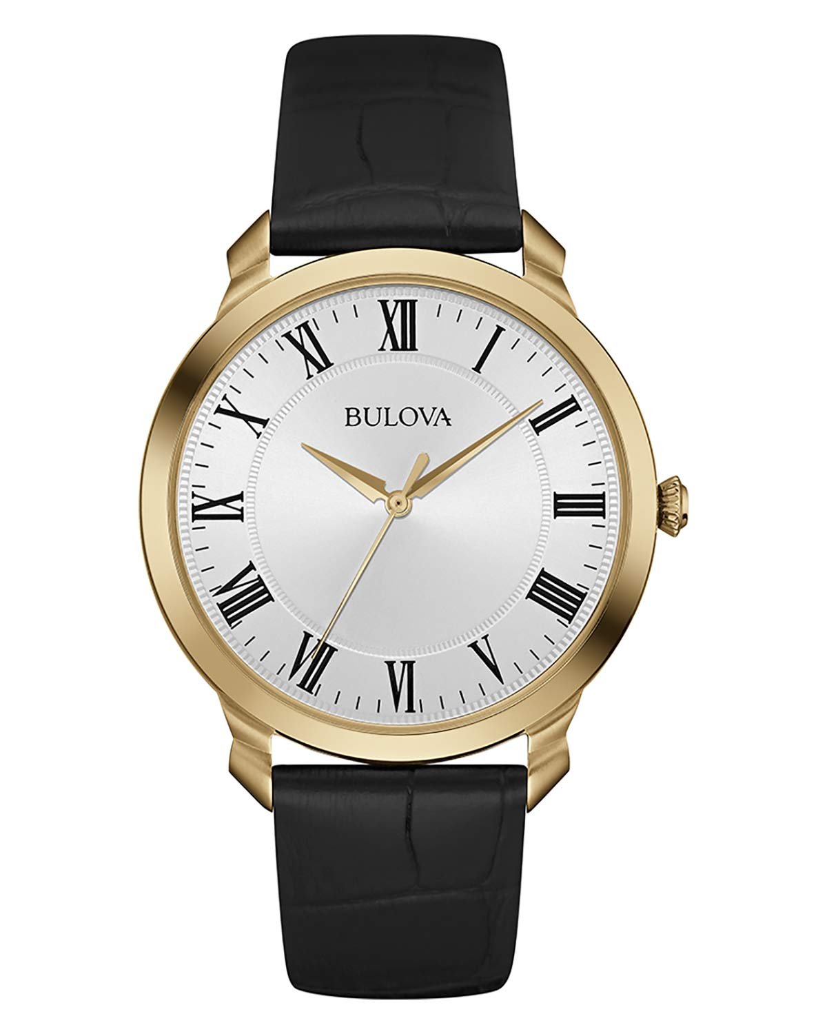 Bulova Men's Classic 3-Hand Quartz Black Leather Strap Watch, Roman Numeral Markers, 41mm