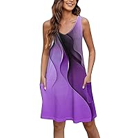 Casual Spring Dresses for Women 2024 Bohemian Dress for Women 2024 Summer Fashion Print Pretty Slim Fit Dress Sleeveless V Neck Dresses with Pockets Purple X-Large