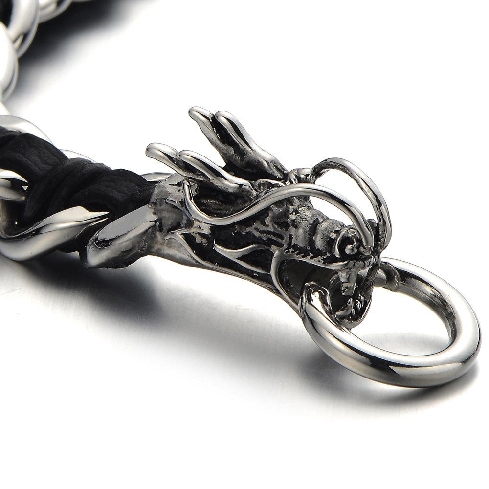 COOLSTEELANDBEYOND Stainless Steel Mens Dragon Curb Chain Bracelet Interwoven with Genuine Leather Strap