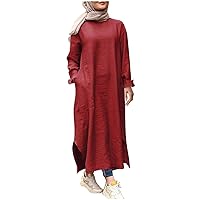 Women's Retro Kaftan Abaya Dress Muslim Long Sleeve Crew Neck Split Maxi Dress Ramadan Eid Islamic Arab Jilbab Pockets