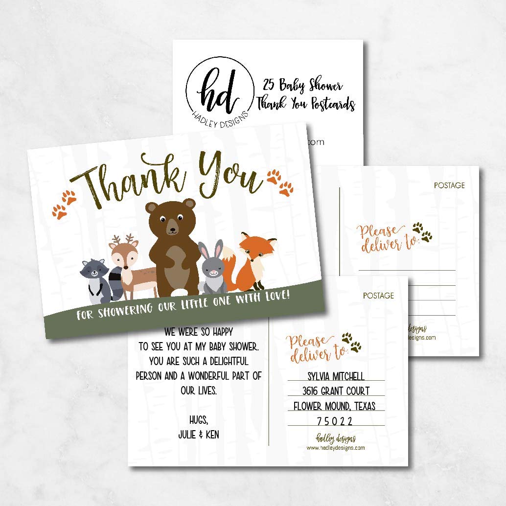 25 Girl or Boy Woodland Baby Shower Thank You Note Card Bulk Set, Blank Cute Animals Gender Reveal Neutral Sprinkle Postcards, No Envelope Needed For Party Gift, Personalize Printable Cardstock
