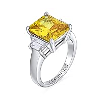 Art Deco Style .925 Sterling Silver 8CTW Canary Yellow Pink Clear AAA CZ Rectangle Emerald Cut Cocktail Statement Engagement Ring For Women Cubic Zirconia Baguette Side Stones Customizable