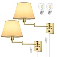 TRLIFE Wall Sconce Plug in, Brushed Brass Dimmable Wall Sconces Set of 2 Swing Arm Wall Lights with Plug in Cord and Dimmer On/Off Knob Switch, 9.4