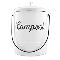 AuldHome White Enamelware Compost Bucket, Farmhouse Compost Can Set with Lid and Charcoal Filters, 1.3 Gallon