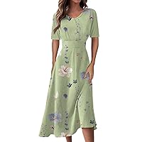 Summer Dresses for Women Floral Print V-Neck Short Sleeve Waist Long Swing Dress