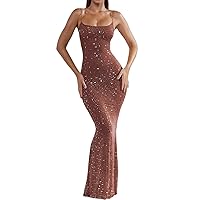 houstil Women's Sexy Rhinestone Mesh Dress Strap Maxi Perspective Cocktail Bodycon Wedding Guest Club Party Dresses