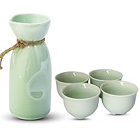 Sake Set, 5 Pieces Sake Set with Bamboo Cup Clip Celadon Hand Painted Design Porcelain Pottery Traditional Ceramic Cups Crafts Wine Glasses (Green)