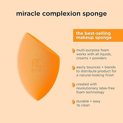 Real Techniques Miracle Complexion Sponge, Makeup Blending Sponge, For Foundation, Offers Light To Medium Coverage, Natural, Dewy Makeup, Orange Sponge, Packaging May Vary, 4 Count