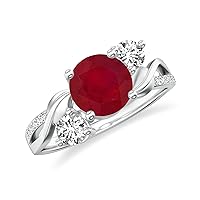 Natural Ruby Twisted Shank 3 Stone Ring for Women Girls in Sterling Silver / 14K Solid Gold/Platinum
